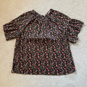 LOFT Blouse Womens M Black Floral Shimmer Short Sleeve Top Ruffle Spring